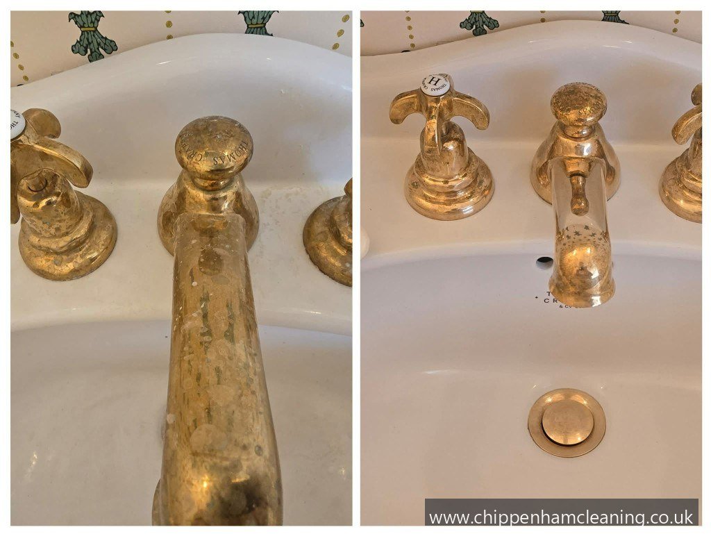 Belfast sink and brass taps polished after move-out cleaning