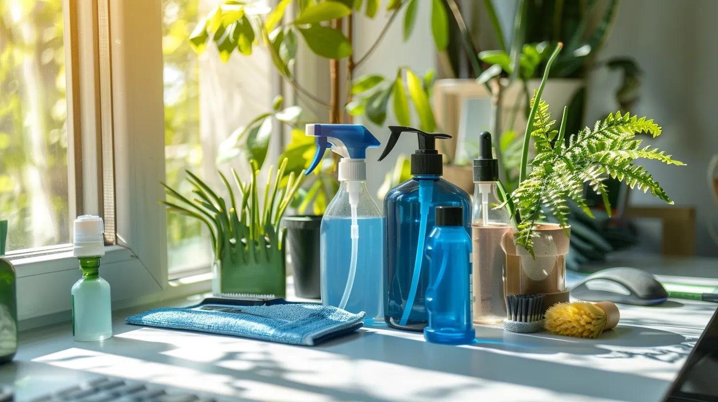 Eco-friendly cleaning products on a desk — sustainable cleaning practices