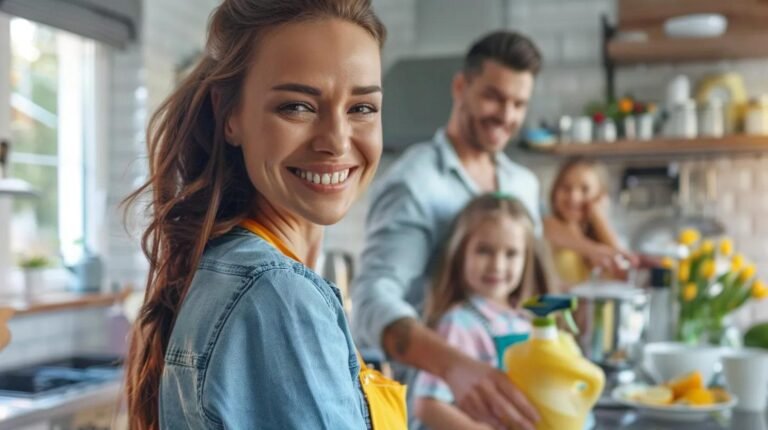 Family-run cleaning team in Chippenham using eco-friendly products in a bright kitchen