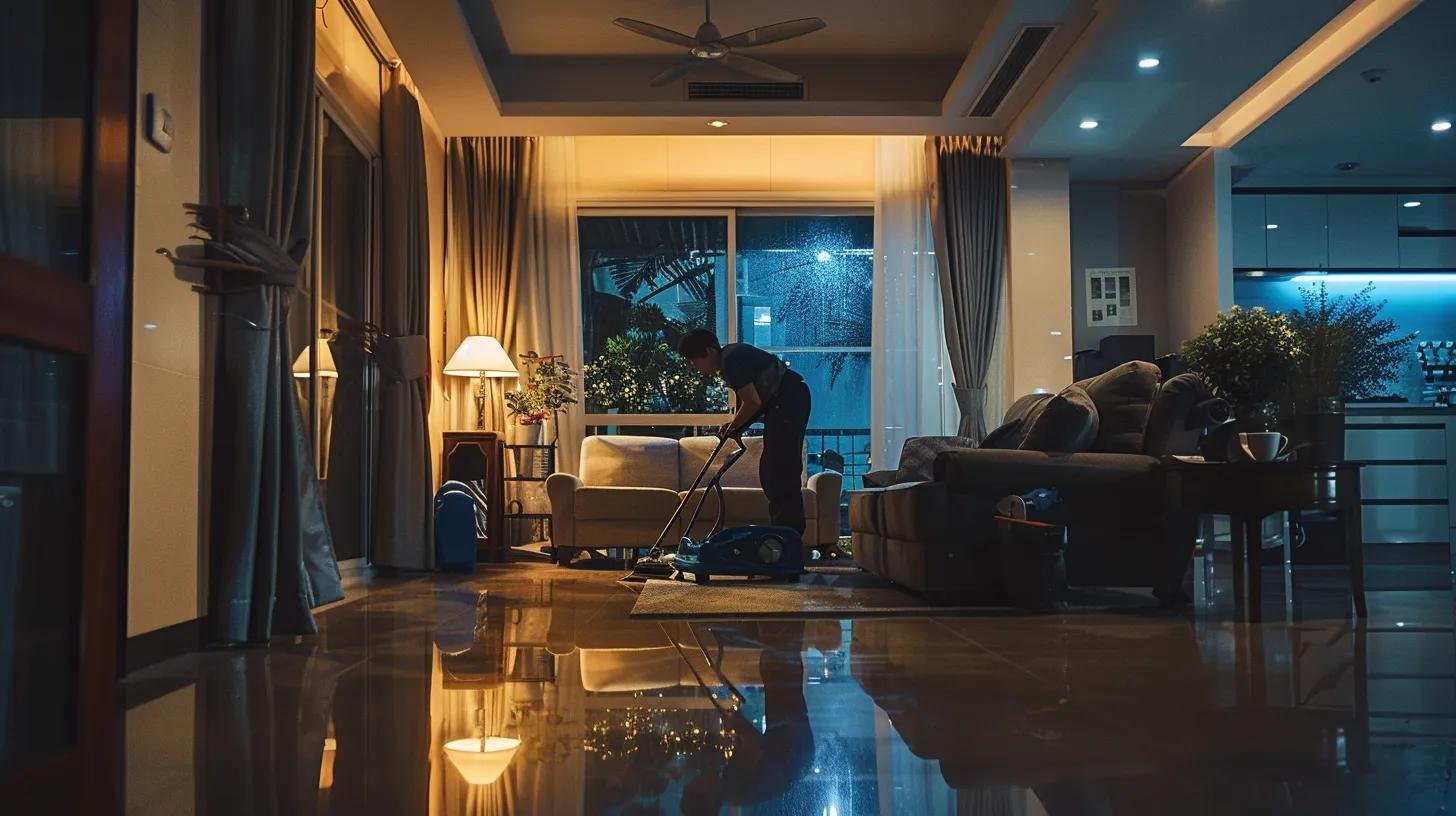 Professional cleaning team working during the evening in a calm living room