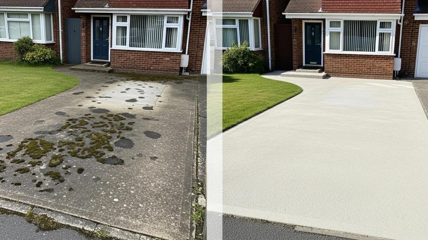 Before and after image of a driveway cleaned by professional services