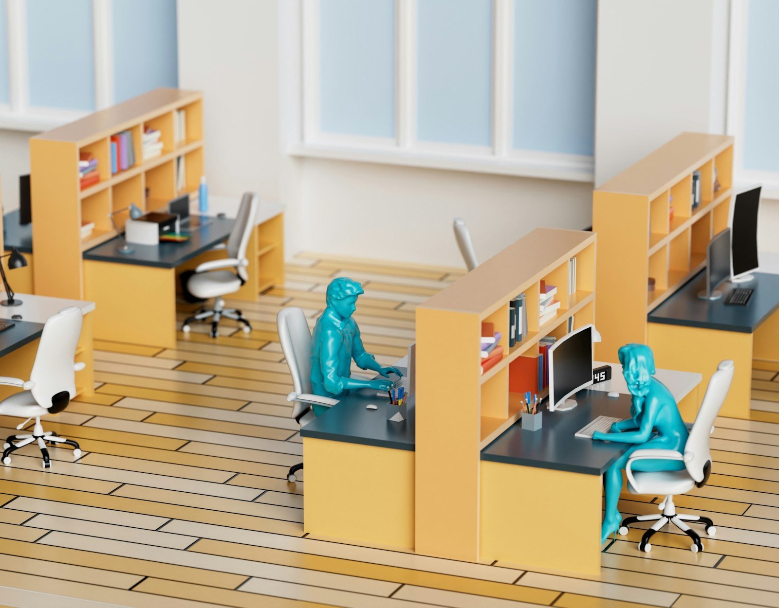Office workspace with two stylized figures at desks, featuring computers and organized shelves, illustrating a clean and professional environment for commercial cleaning services in Melksham.