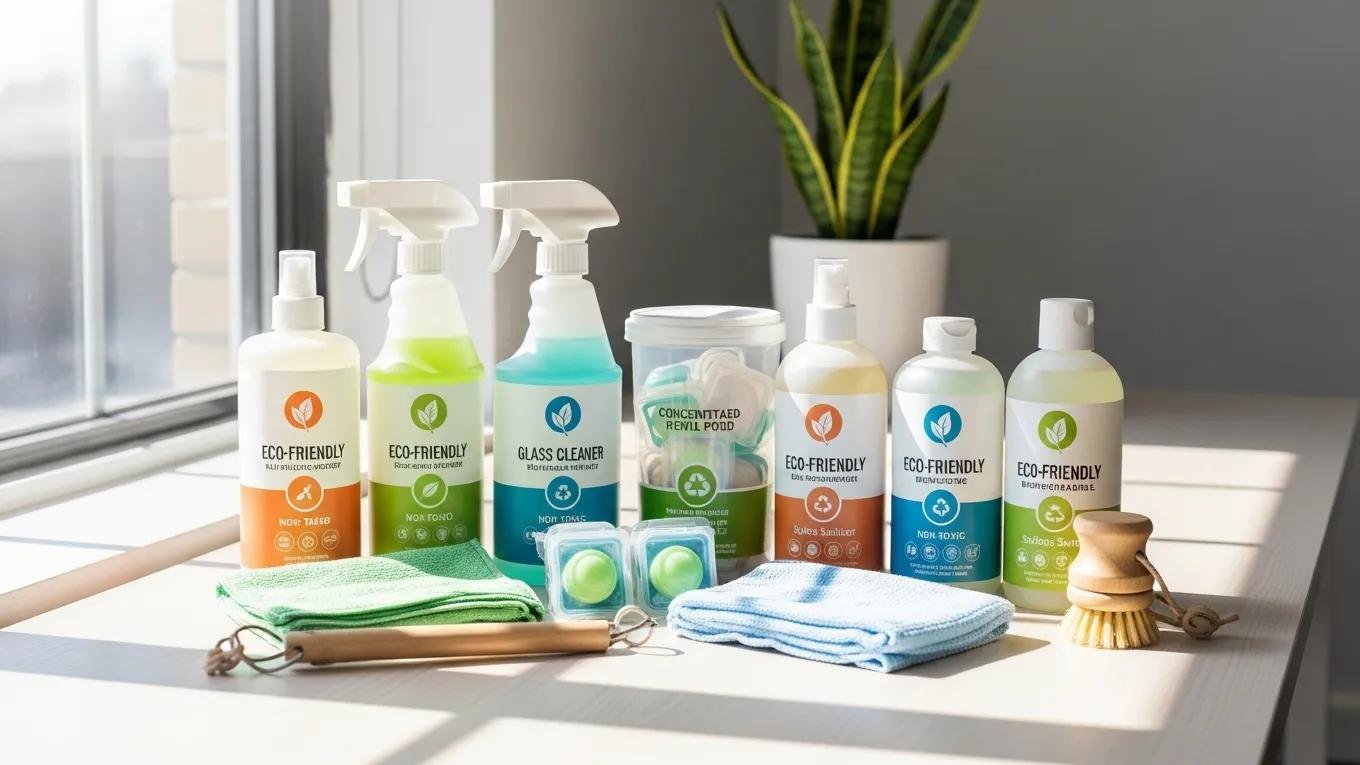 Eco-friendly cleaning products displayed on an office desk