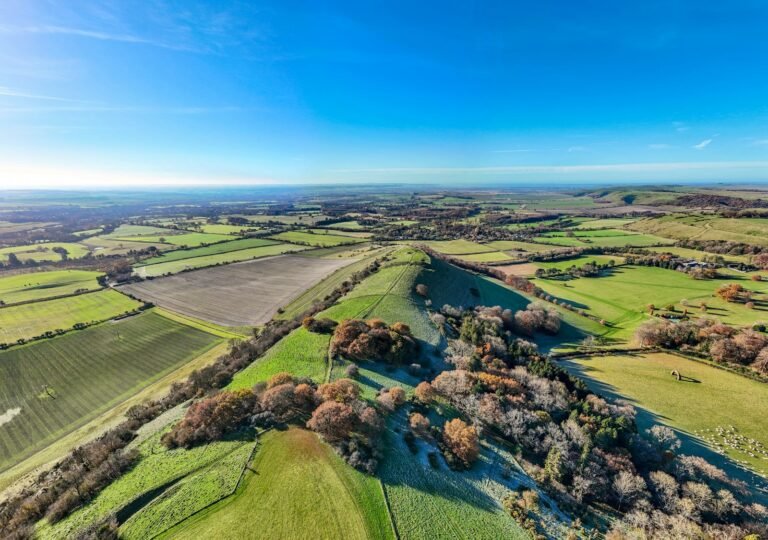 Aerial view of lush green fields and rolling hills in Lyneham, showcasing the natural landscape relevant to Chippenham Cleaning's local service area.