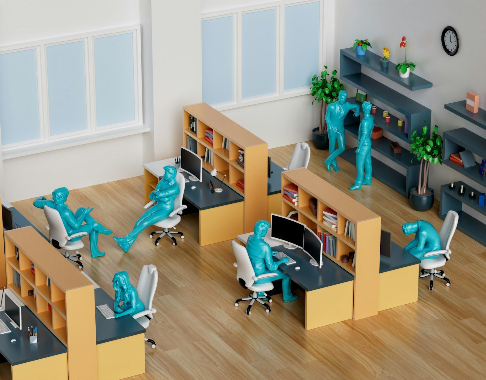 Office workspace with stylized figures representing employees engaged in various tasks, highlighting the importance of office cleanliness and organization in Corsham's business environments.