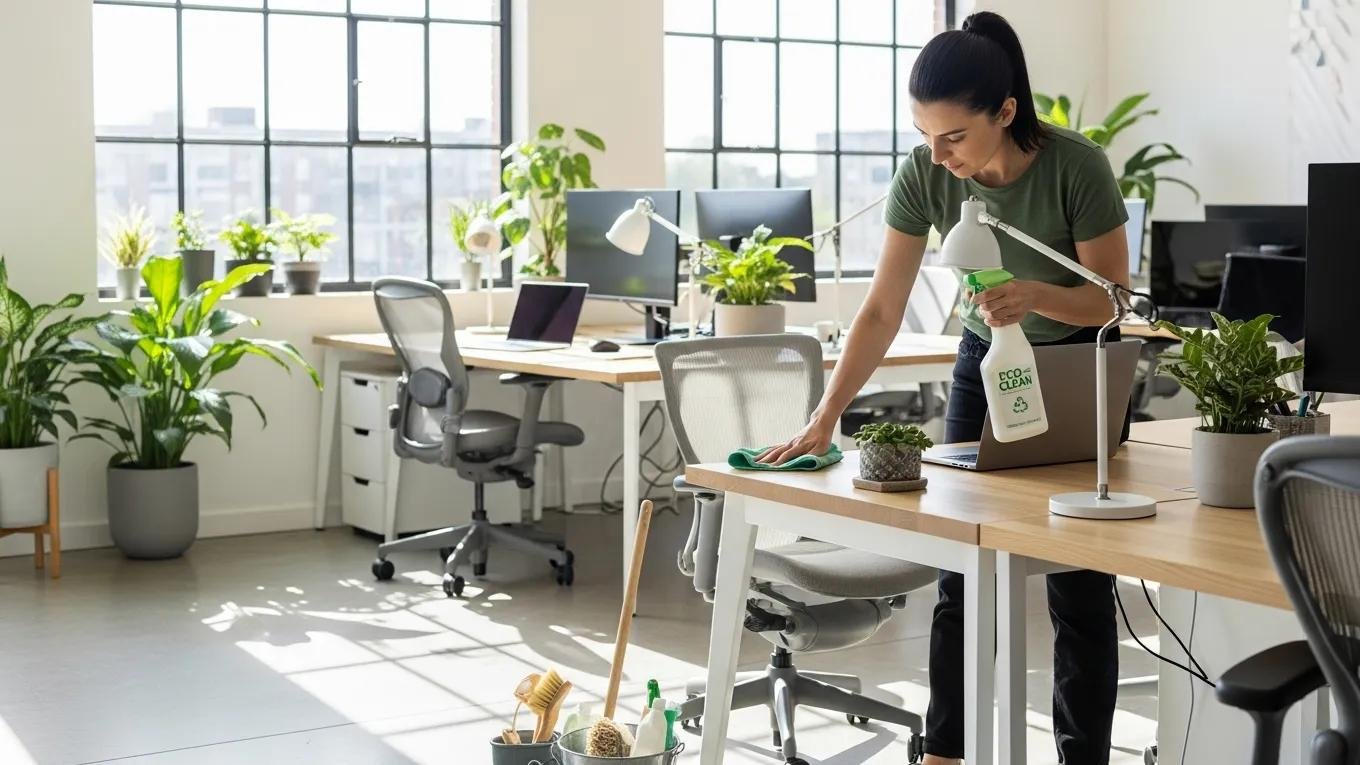 Professional cleaner in a bright office using eco-friendly products