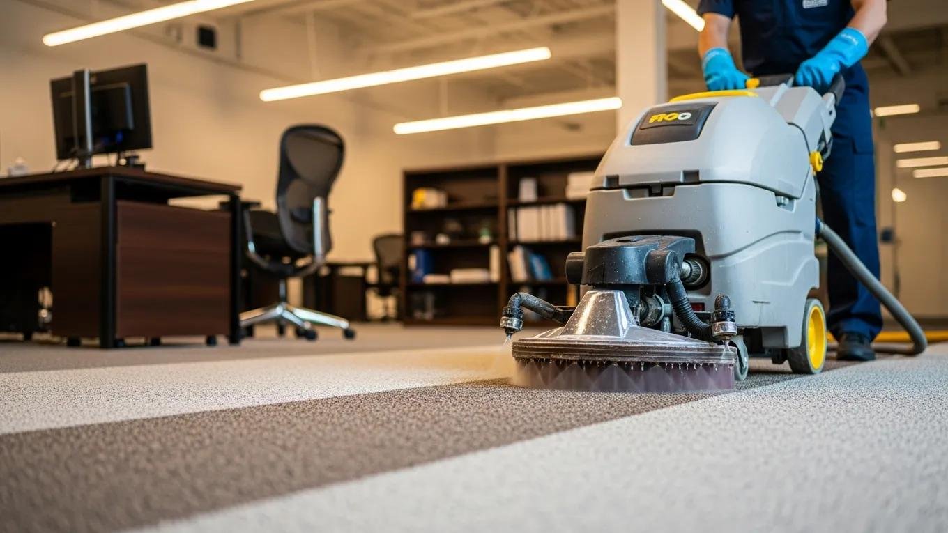 Professional cleaner using a carpet cleaning machine in an office