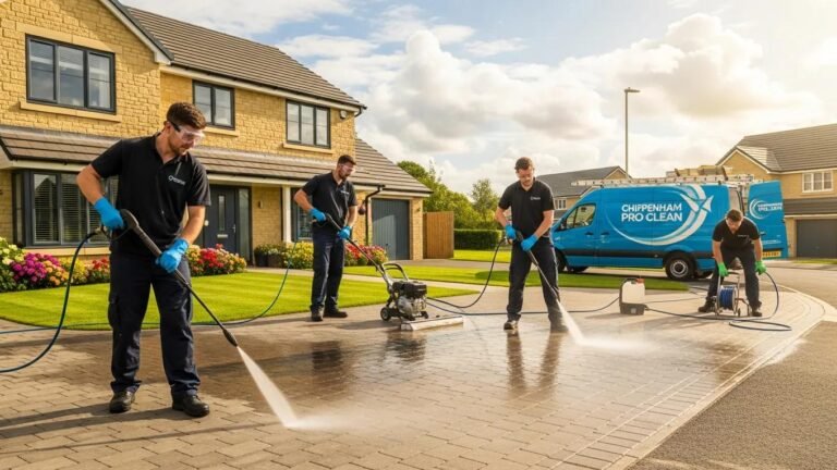 Professional cleaning team pressure washing a driveway in Chippenham