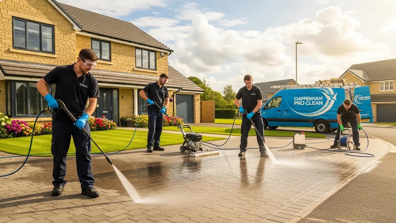 Professional cleaning team pressure washing a driveway in Chippenham