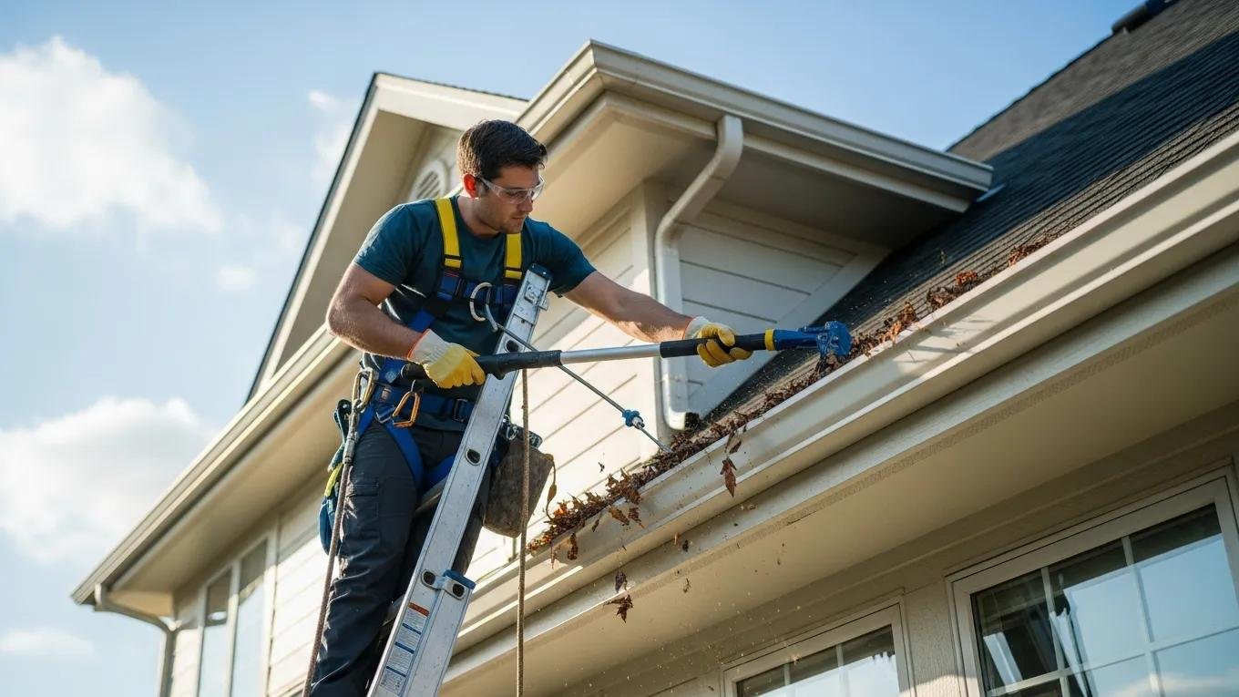 Technician cleaning gutters to prevent water damage on a residential property